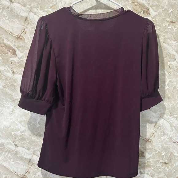 Calvin Klein Blouse Top XS Extra Small Sheer Puff Sleeve‎ V Neck Plum - Picture 8 of 11